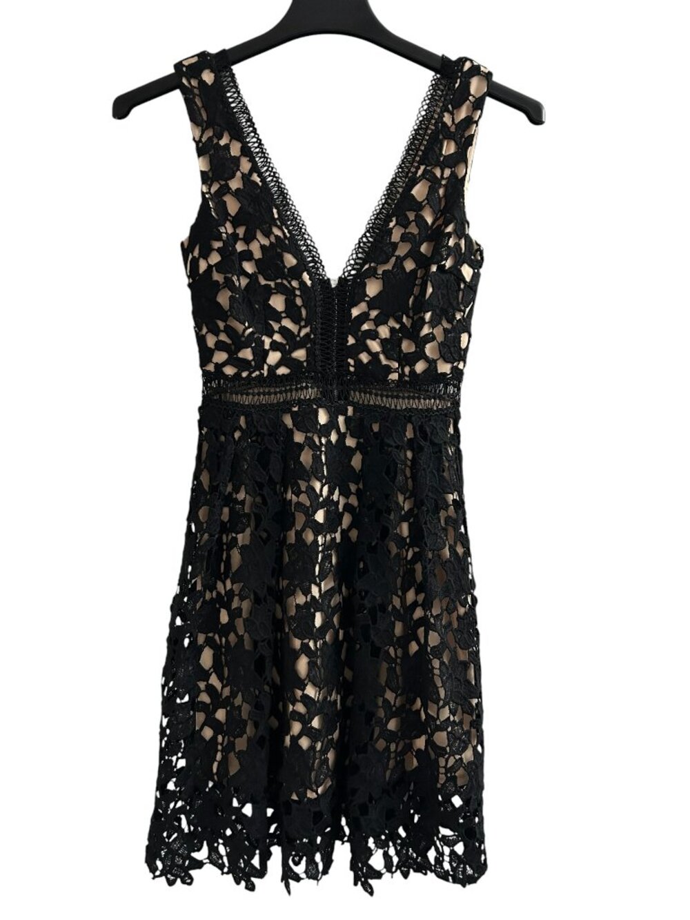 Aqua Bloomingdales' Size XS Crochet Lace V-Neck Cocktail Dress Black & Tan NWT